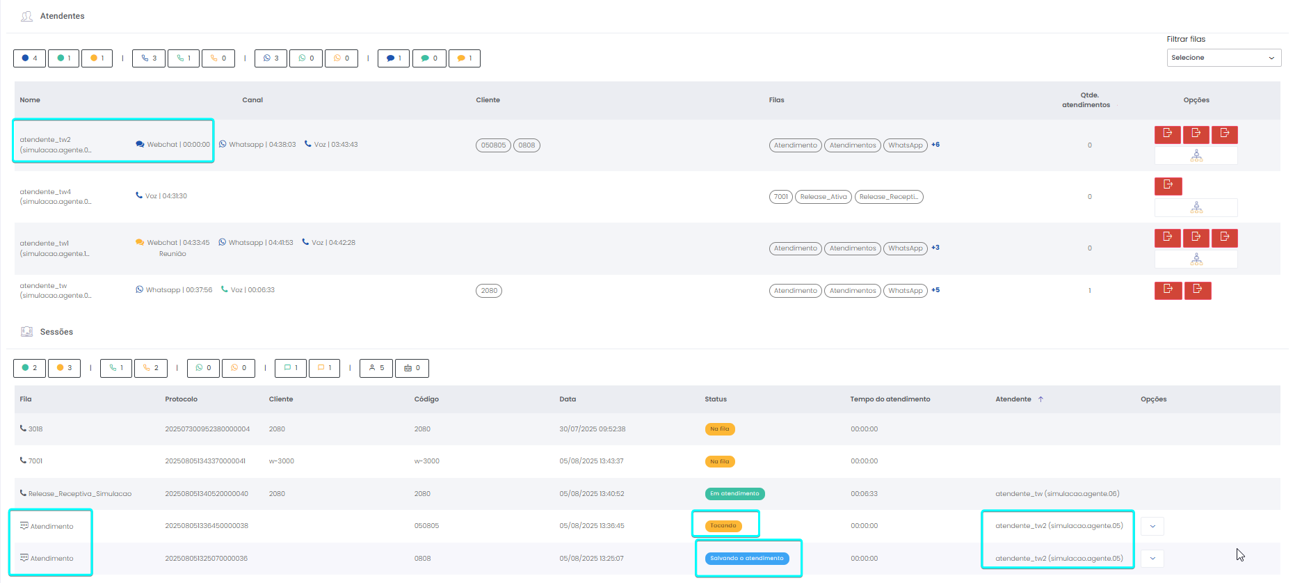 Quando um cliente faz contato e o card está sendo oferecido ao Atendente, ele continua com status Disponível. No entanto, em Sessões passa a ser mostrado que tem atendimento do canal Tocando.
Assim que o Atendente encerra a conversa com um cliente, seu status volta a aparecer como Disponível. Em Sessões é mostrado que está Salvando atendimento".