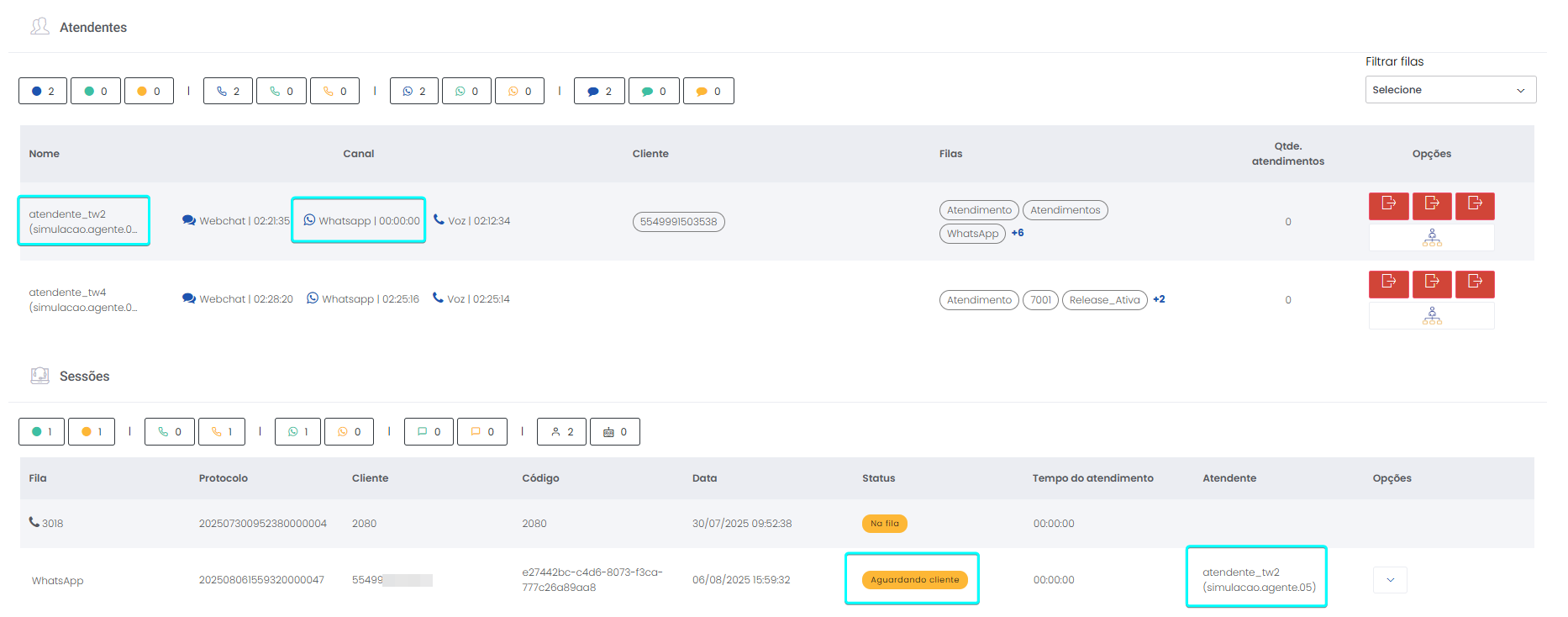 Com cliente Em espera. Este status aparece somente para o canal WhatsApp quando o Atendente insere o cliente Em espera, por exemplo, por estar demorando a responder