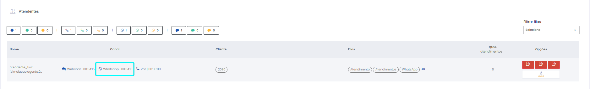 Atendente está logado em filas do canal WhatsApp, mas nenhum atendimento entrou nas filas. Sessões não é carregada no Monitoramento porque não existe nenhum contato de cliente pelo canal.