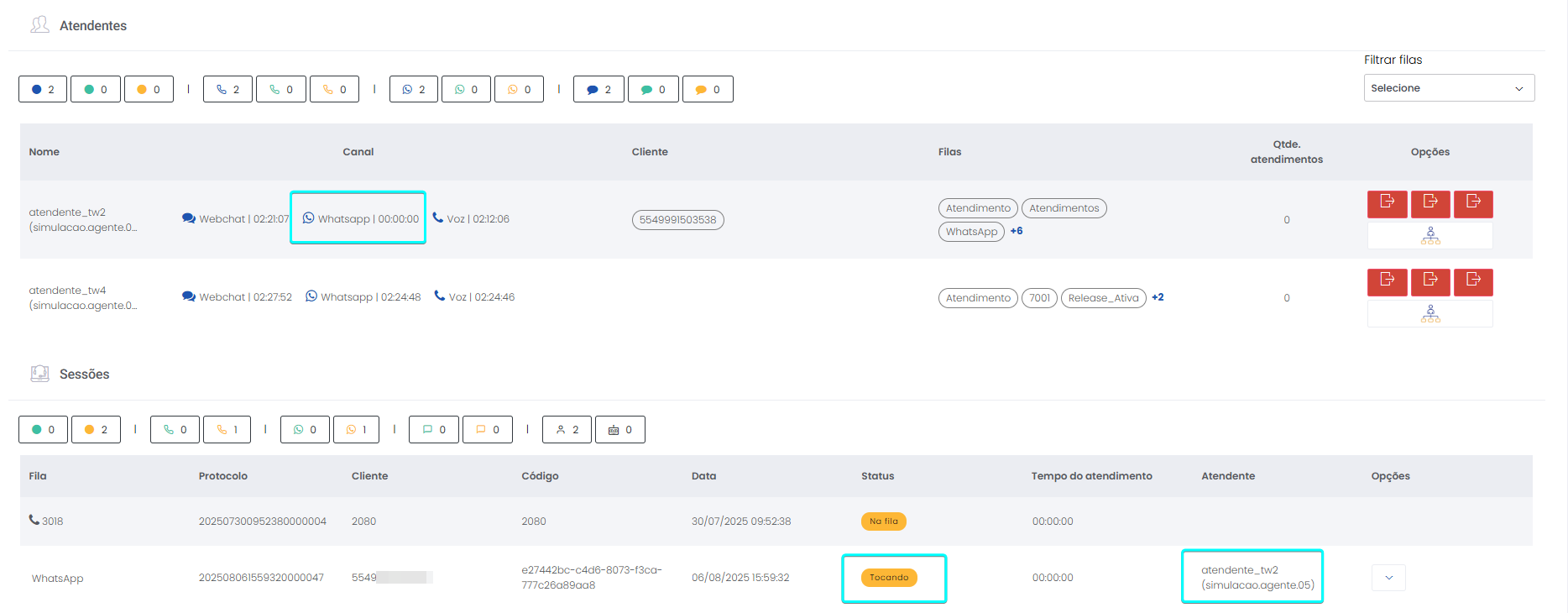 Atendimento está sendo ofertado ao Atendente, mas ele ainda não aceitou. Seu status continua sendo Disponível. Em Sessões aparece Tocando.