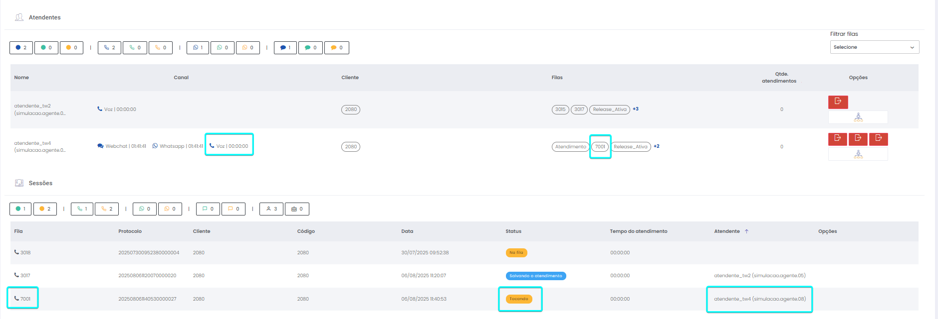Quando a chamada é oferecida ao Atendente o status dele ainda será Disponível, porque ainda não aceitou a ligação. Em Sessões o status muda para Tocando.