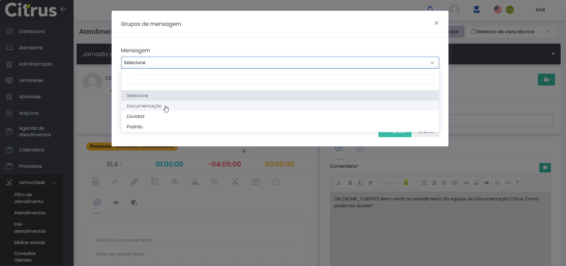 O pop-up de Grupos de mensagem será carregado na tela. Escolha o grupo que tem as mensagens que deseja utilizar.