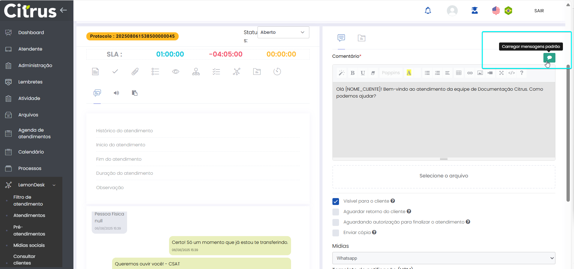 No formulário de atendimento clique na opção Carregar mensagens padrão.